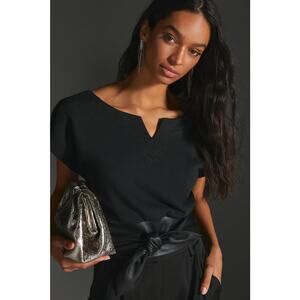 [Anthropologie] Black Faux Leather Tie Waist Short Sleeve V-Neck Top Sz Small S